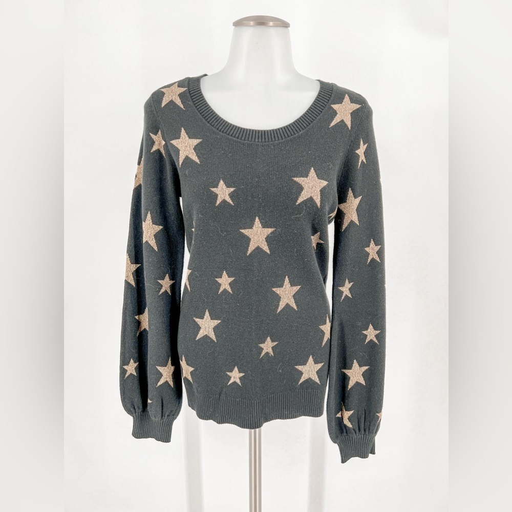 Chaser Gold Star Intarsia Bishop Sleeve Sweater